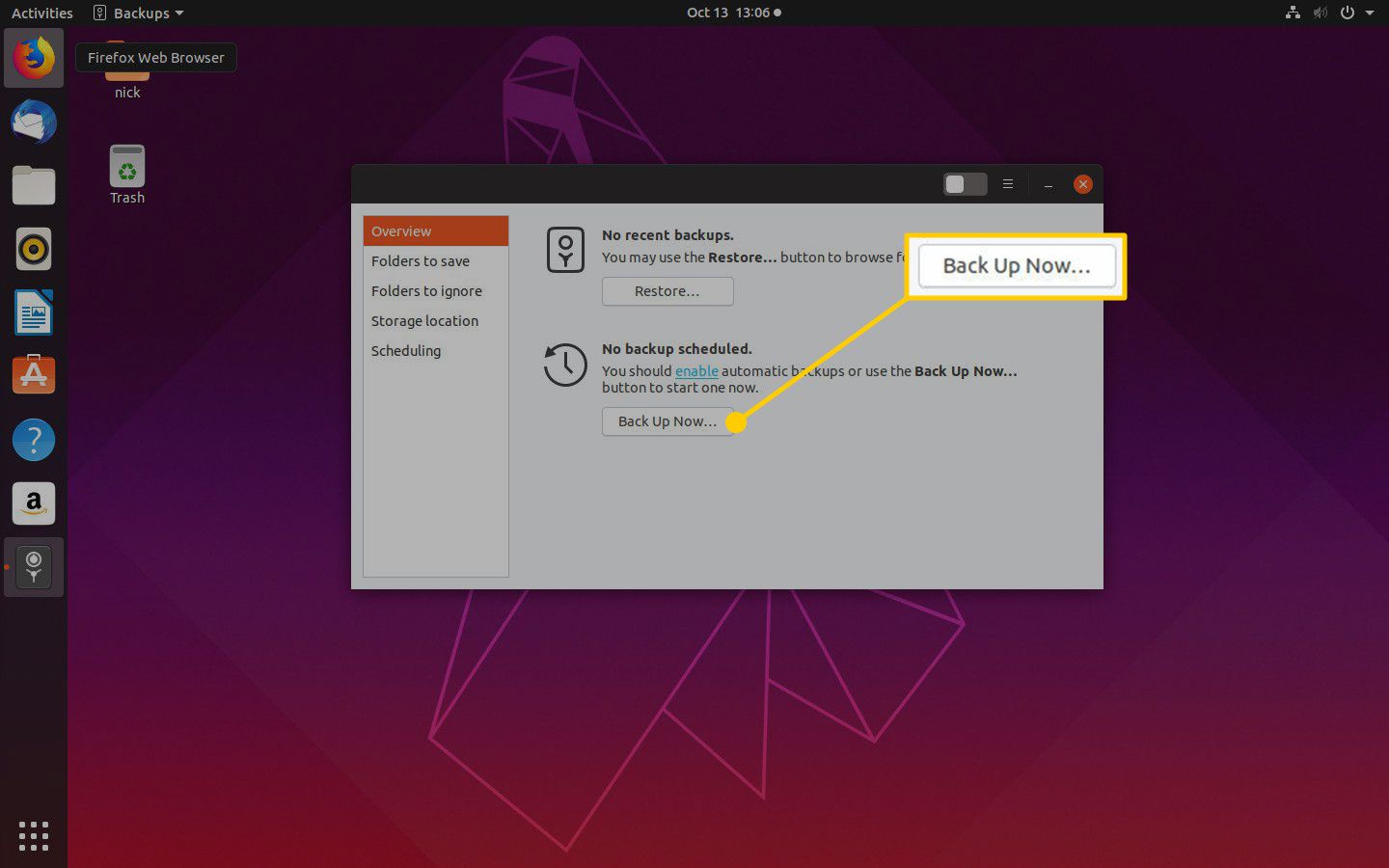 Tlačítko Zálohovat nyní v Ubuntu
