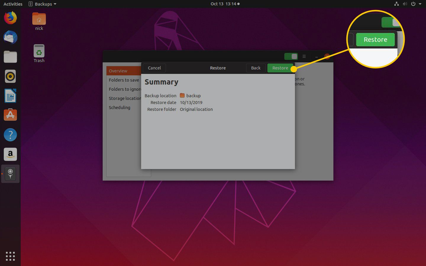 Tlačítko Obnovit okno shrnutí zálohy v Ubuntu