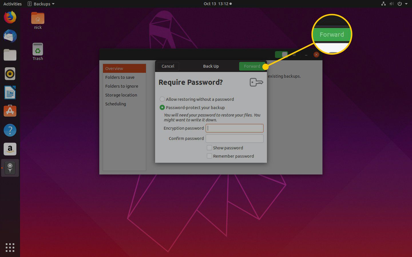 Tlačítko vpřed v Ubuntu