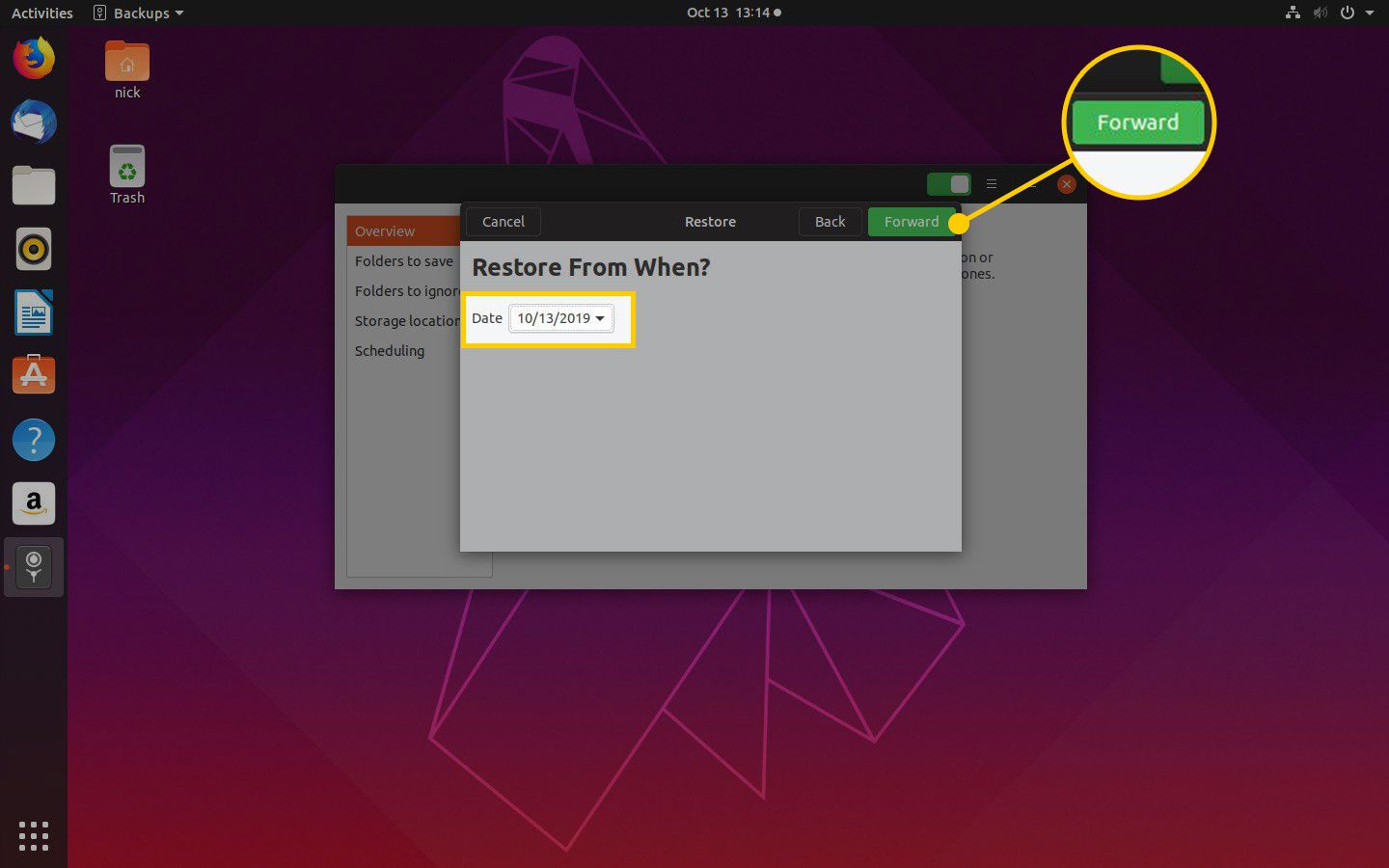 Tlačítko vpřed v okně Obnovit v Ubuntu