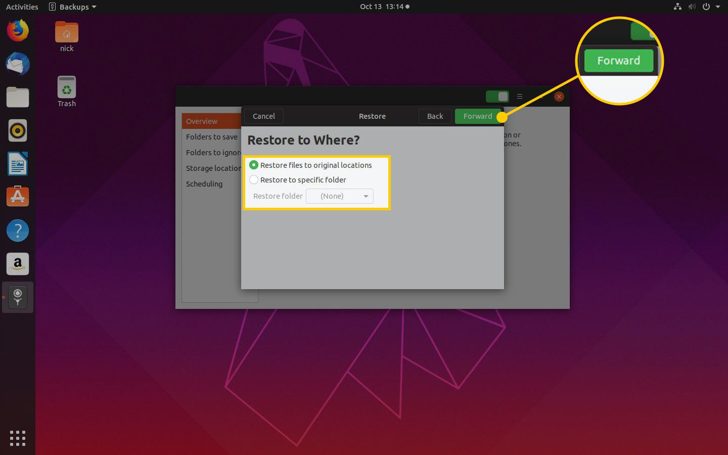 Obnovte možnosti a tlačítko Předat v Ubuntu