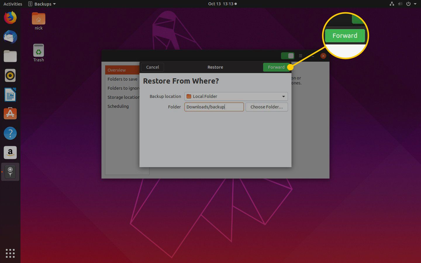Tlačítko vpřed v Ubuntu