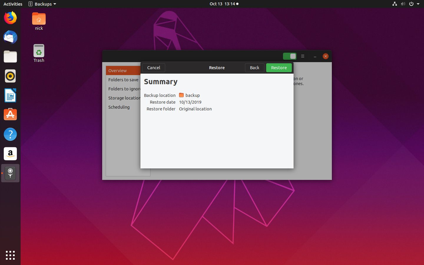 Okno shrnutí zálohy obnovení systému Ubuntu