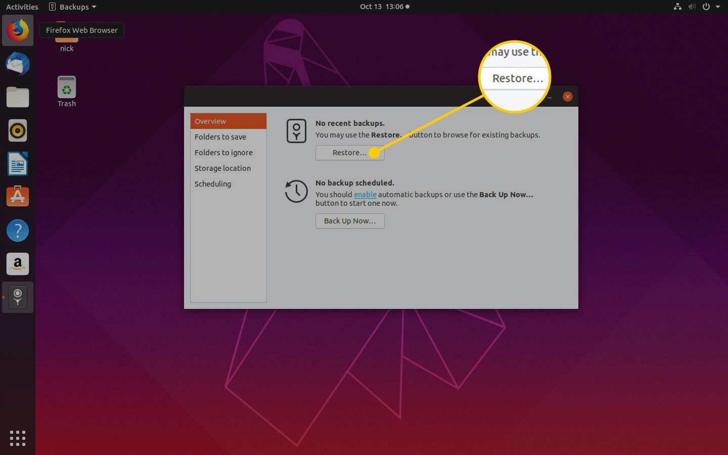 Tlačítko Obnovit v Ubuntu