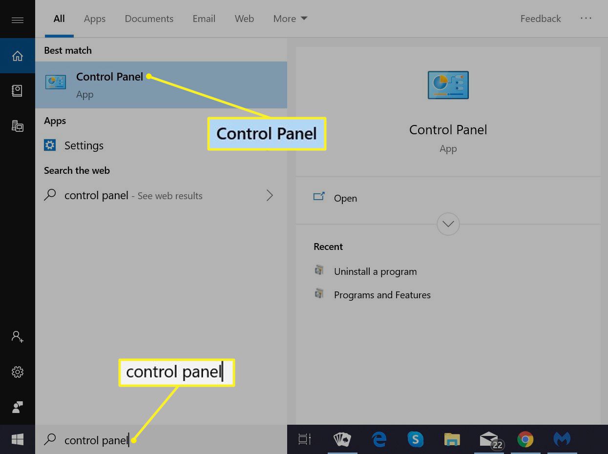 Vyhledání a výběr ovládacího panelu v systému Windows