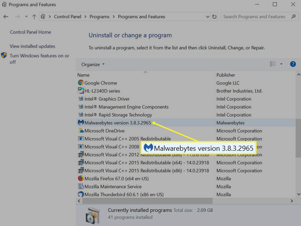 Seznam programů Windows se zvýrazněným Malwarebytes
