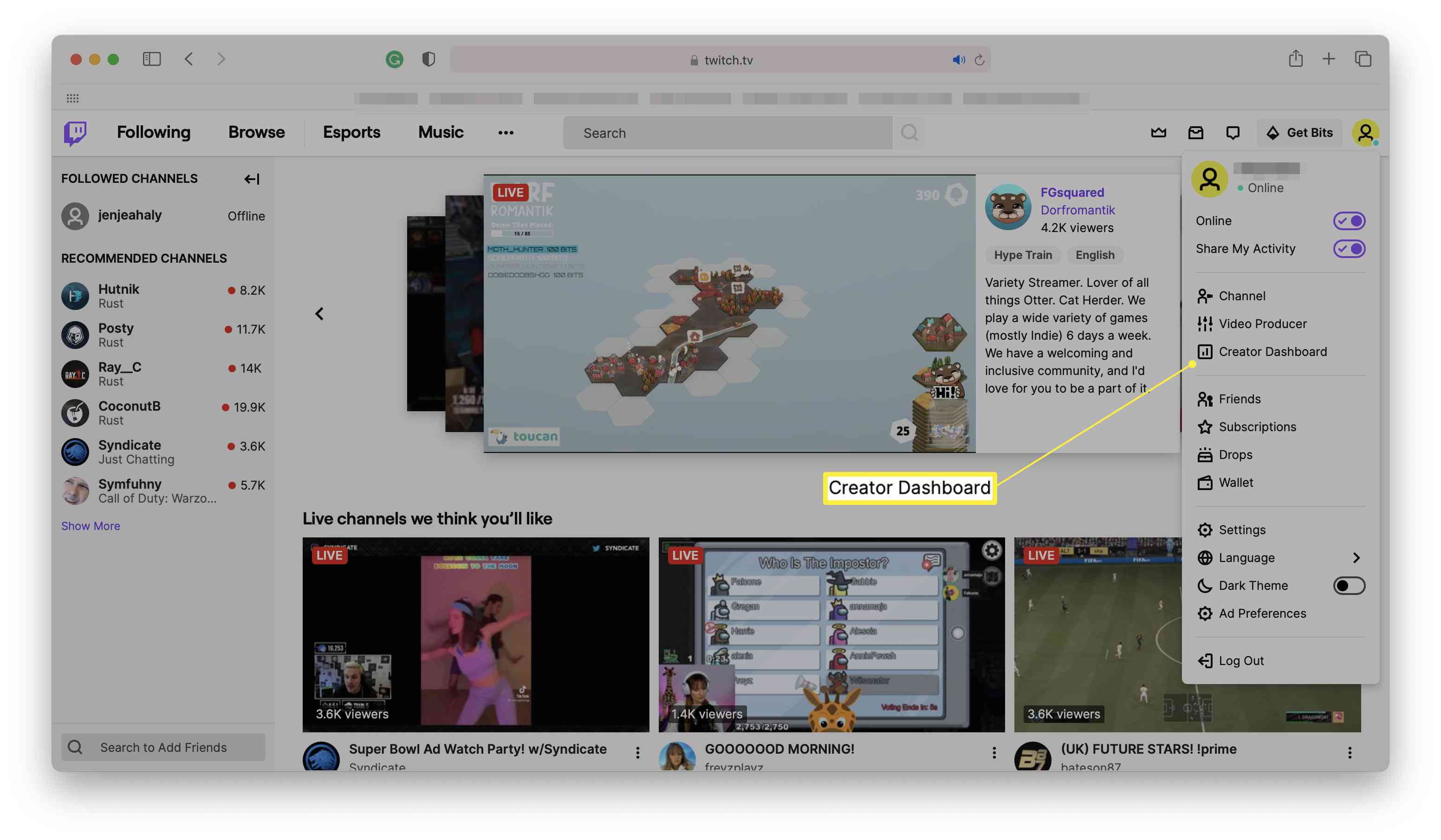 Twitch homepage with Creator Dashboard highlighted