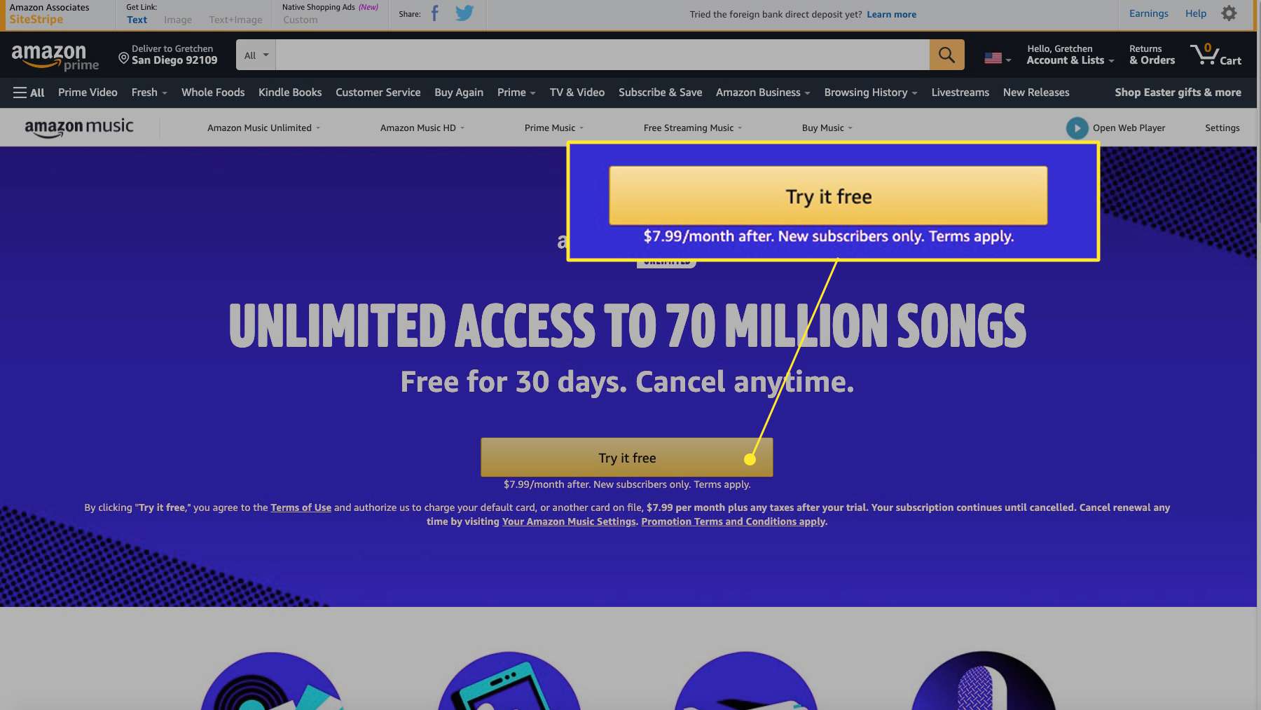 Web Amazon Music Unlimited se zvýrazněným „Vyzkoušejte zdarma“