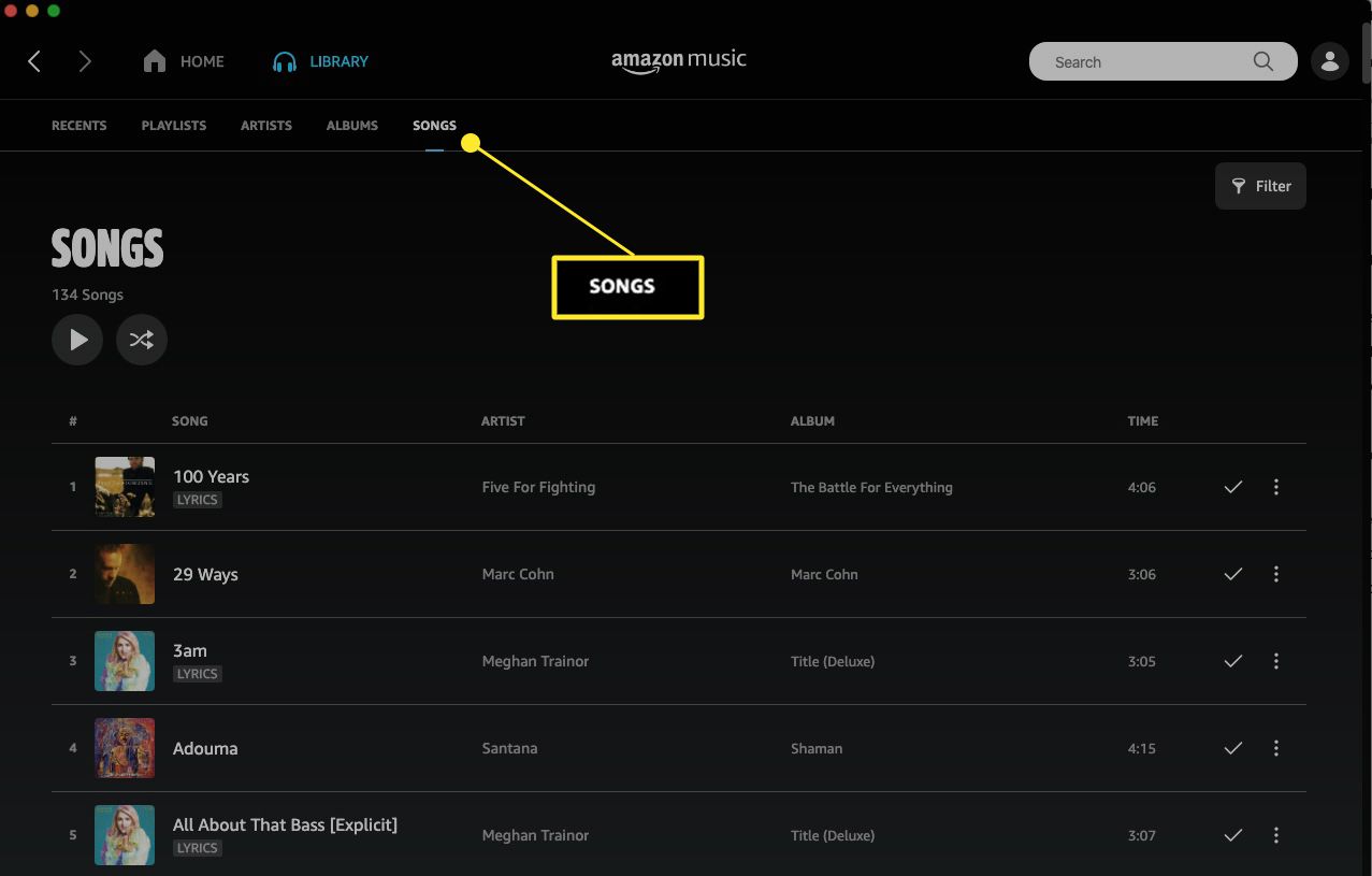 Webová aplikace Amazon Music se zvýrazněnou kartou Skladby