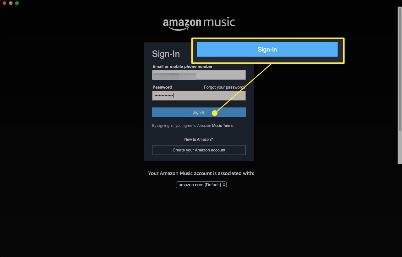 Přihlašovací obrazovka webové aplikace pro hudbu Amazon se zvýrazněným nápisem „Přihlásit“