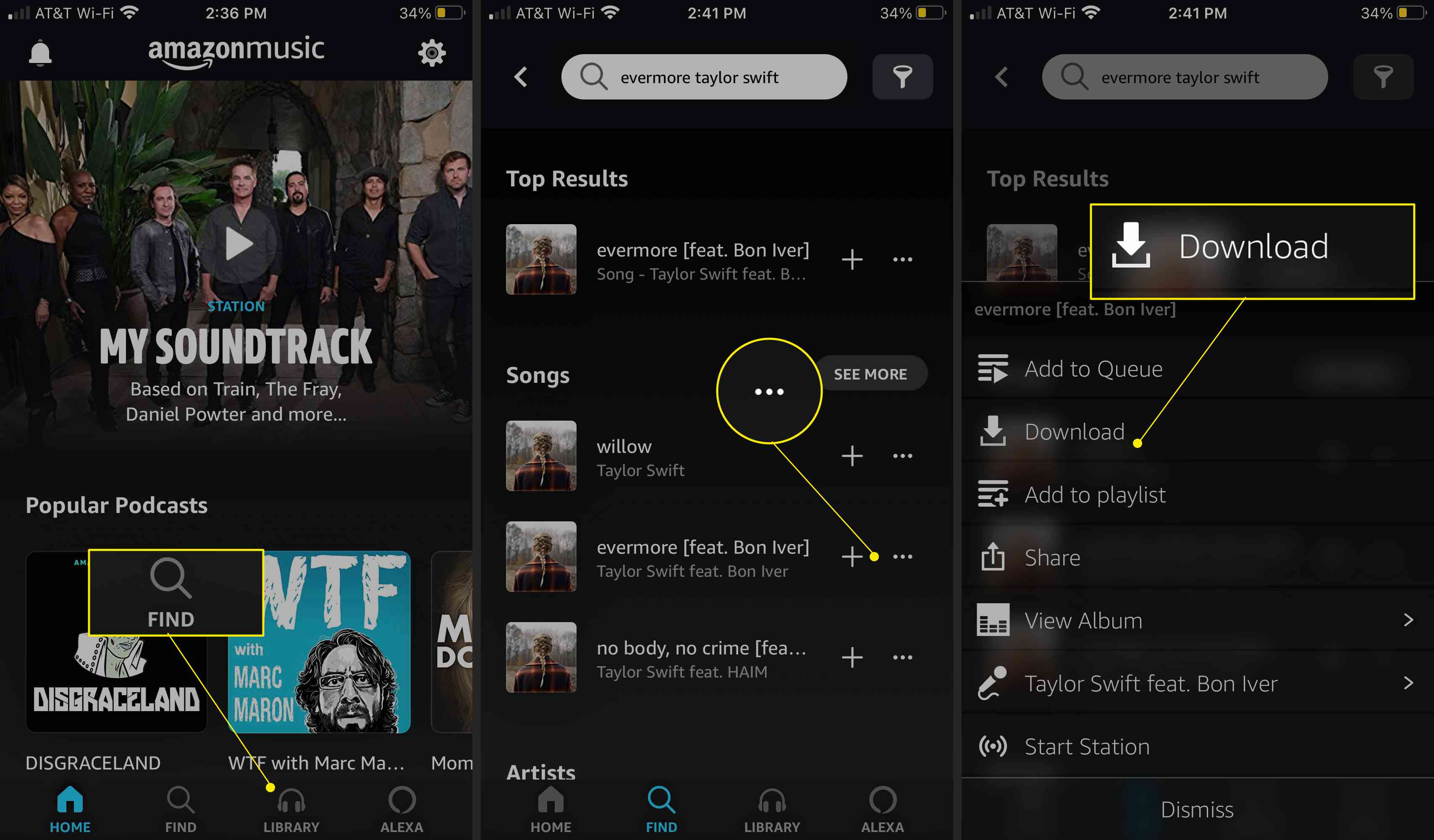 Aplikace Amazon Music se zvýrazněnými položkami Najít, Další možnosti (tři tečky) a Stáhnout