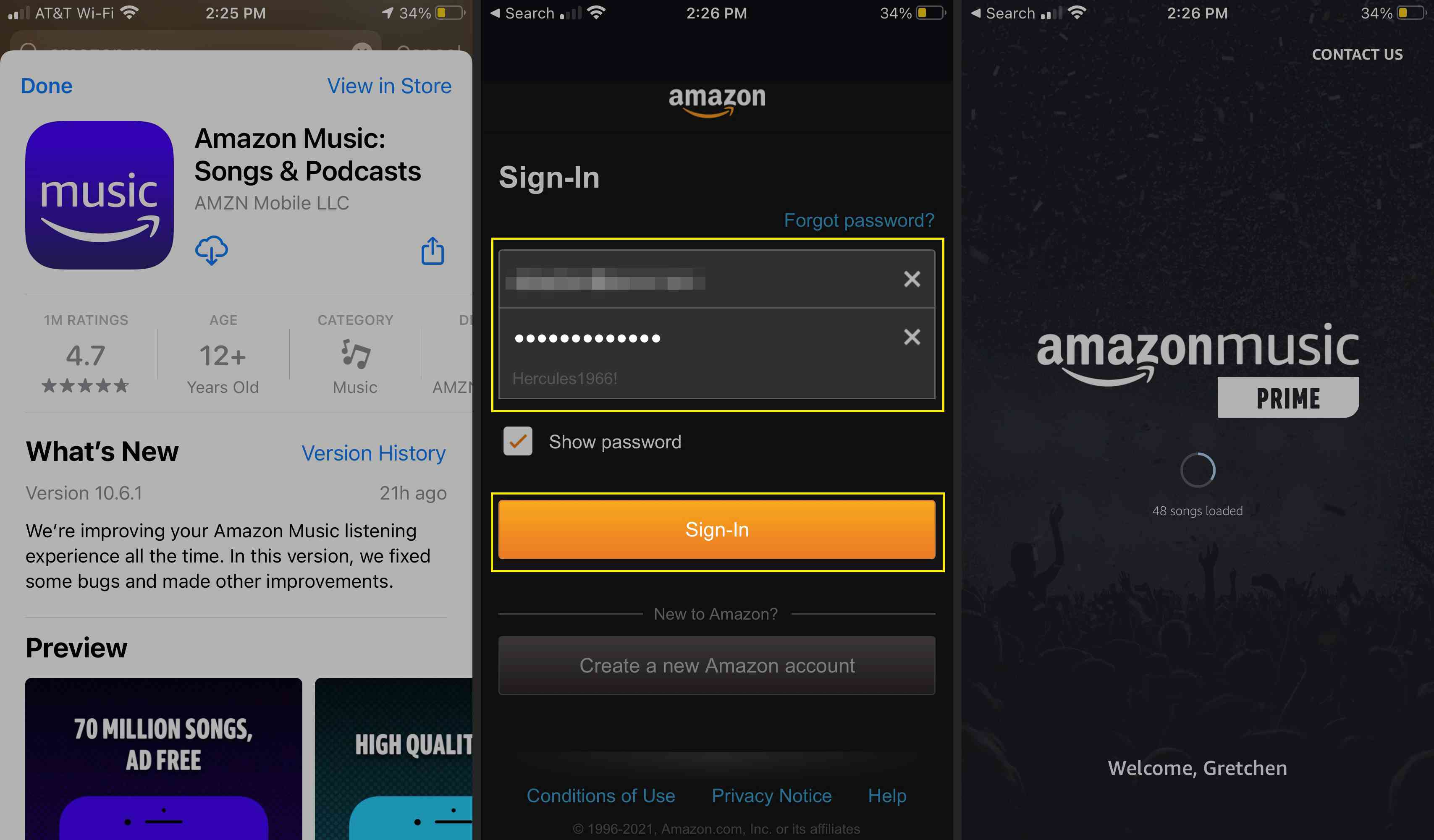 Aplikace Amazon Music v obchodě s aplikacemi spolu s přihlašovací obrazovkou a úvodní stránkou Amazon Music Prime