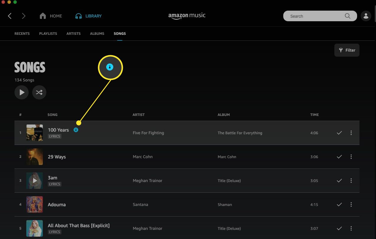 Skladba Amazon Music se zvýrazněnou malou modrou šipkou indikátoru stahování