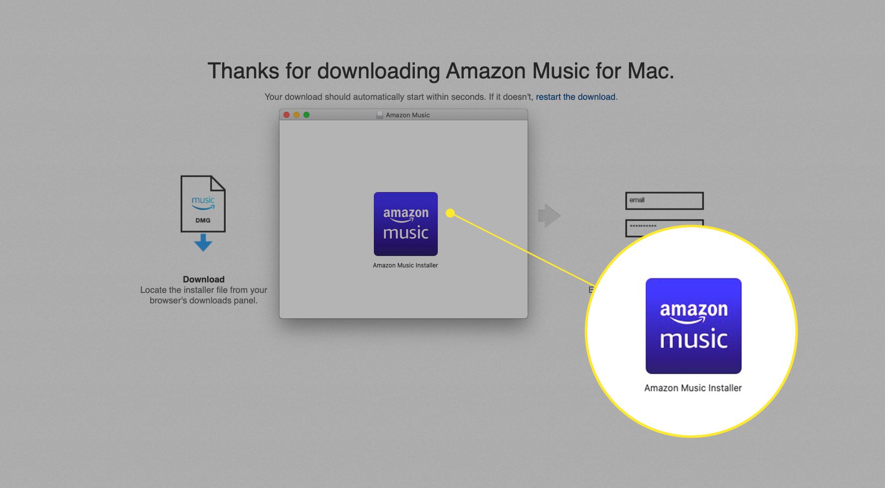 Instalační program webové aplikace Amazon Music se zvýrazněným instalačním souborem