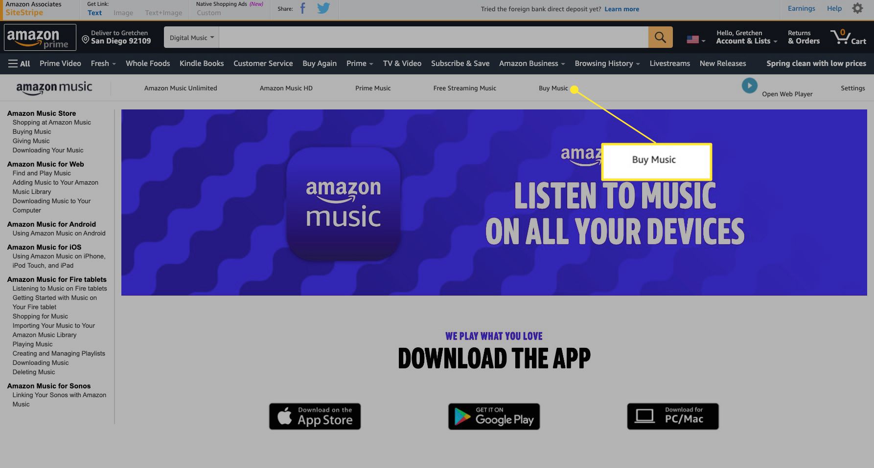 Webová stránka Amazon Music se zvýrazněnou položkou Koupit hudbu