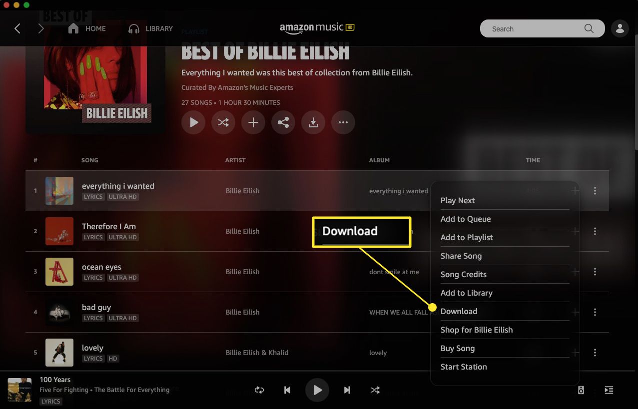 Webová aplikace Amazon Music se zvýrazněným stahováním