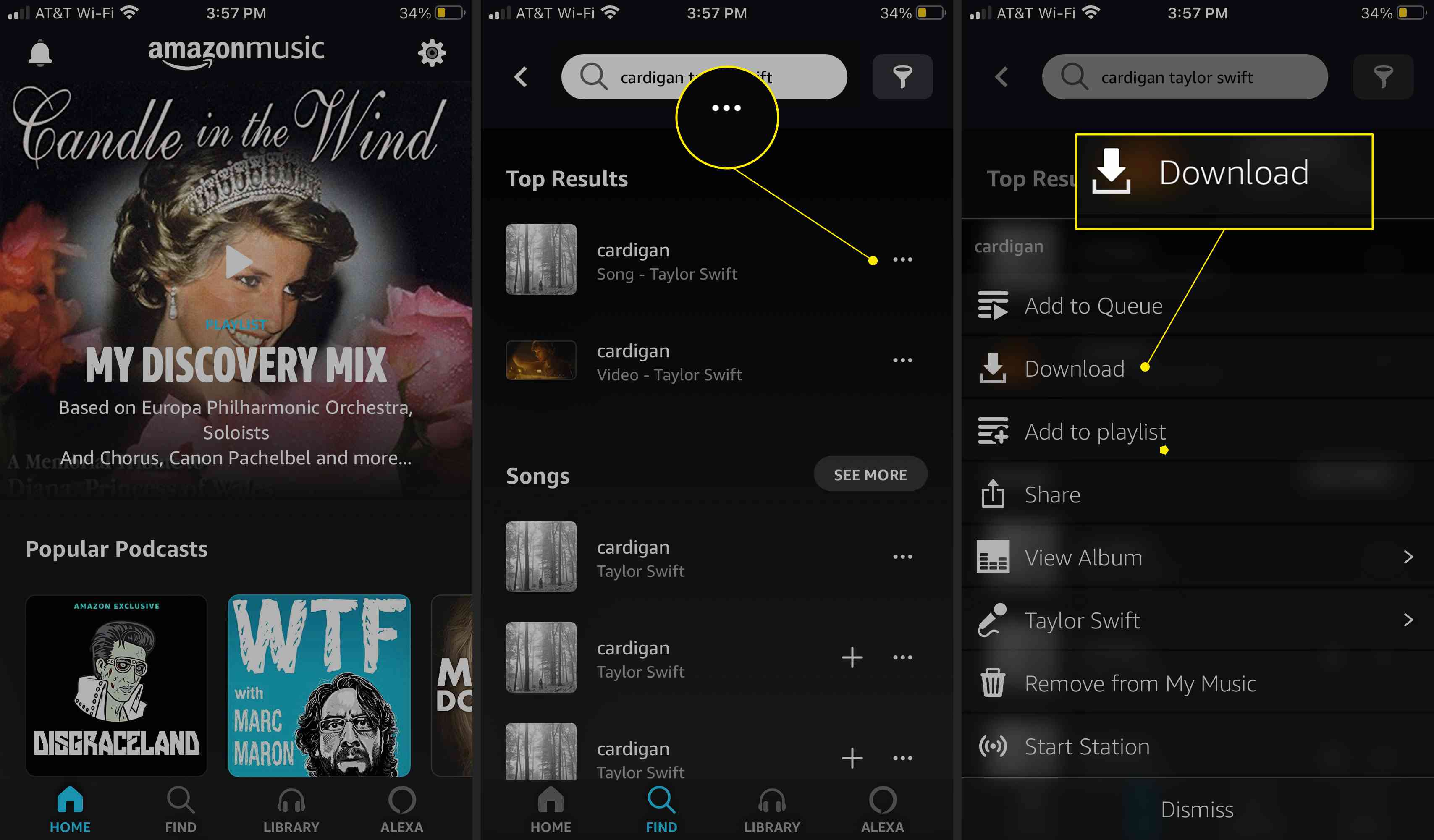 Aplikace Amazon Music se zvýrazněnými dalšími možnostmi (tři tečky) a stažením