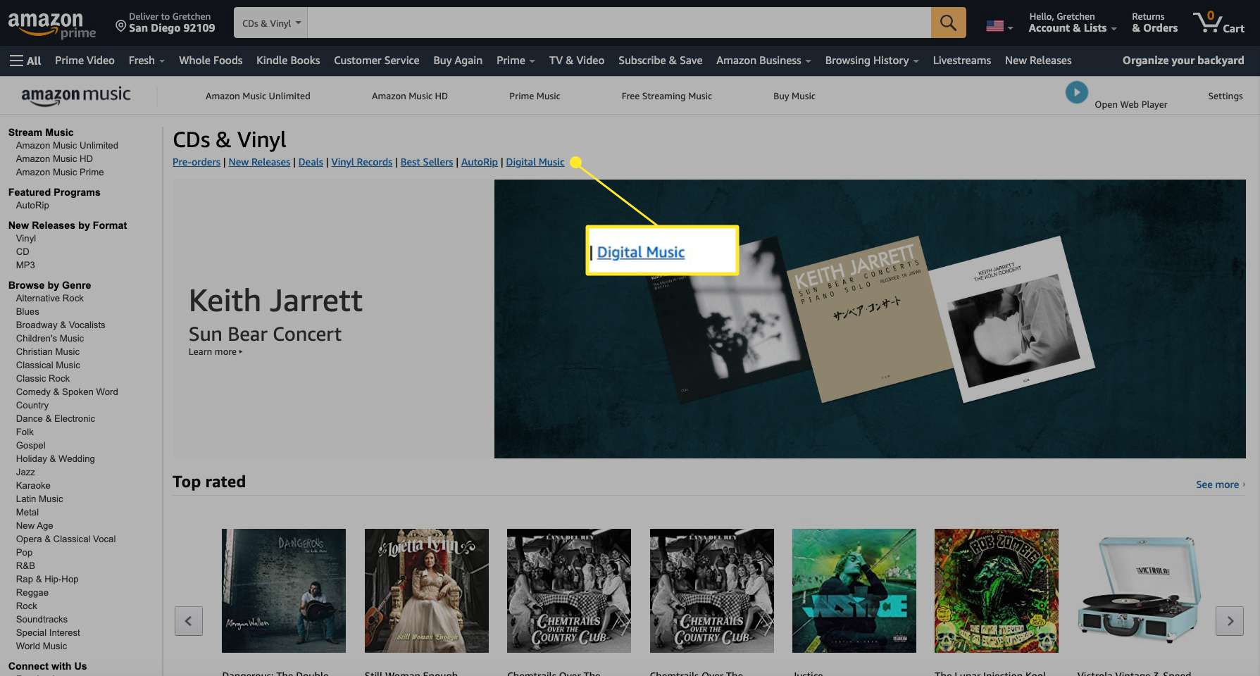 Web Amazon Music se zvýrazněnou digitální hudbou