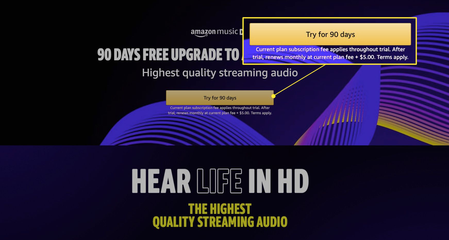 Stránka Amazon Music HD se zvýrazněným „Vyzkoušejte na 90 dní“
