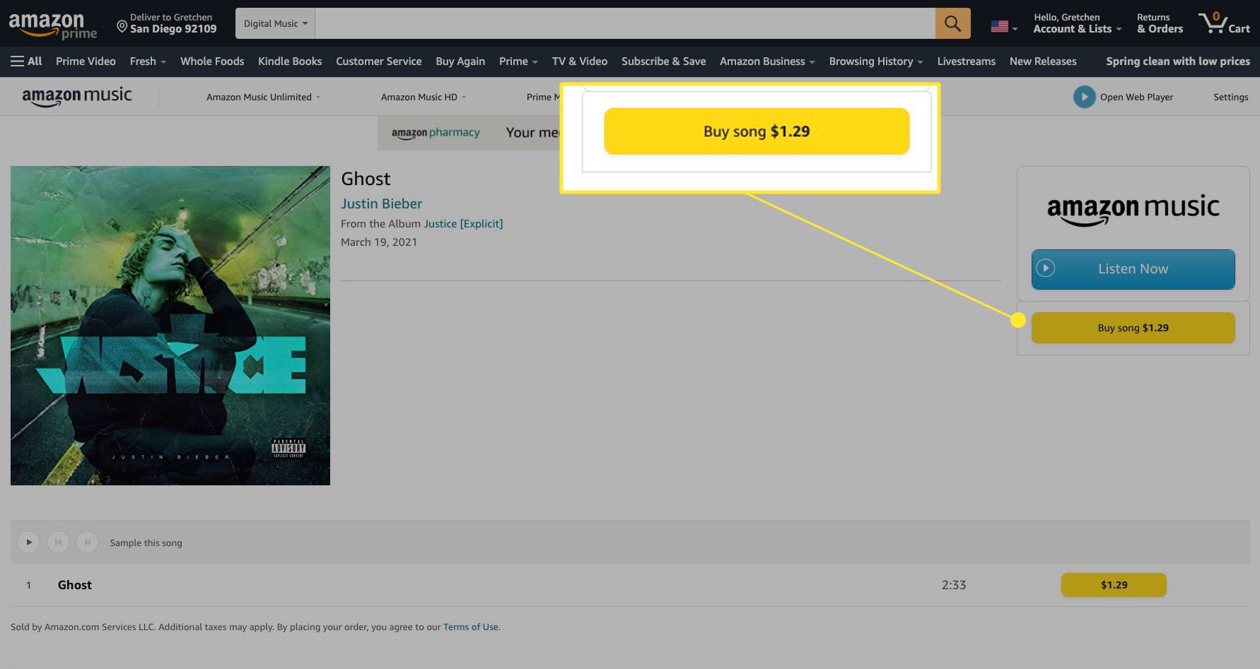 Skladba Amazon Music se zvýrazněnou položkou Koupit skladbu
