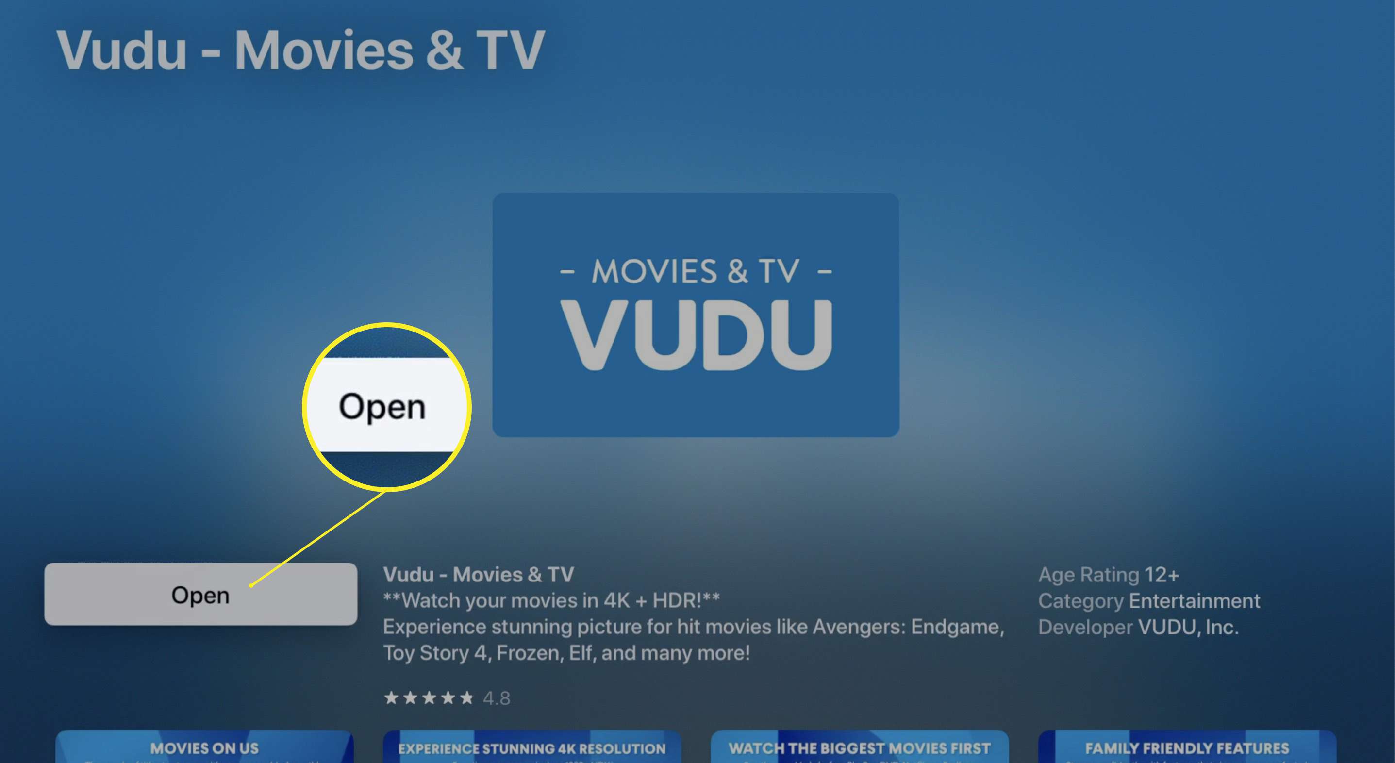 Stránka Vudu v Apple TV App Store