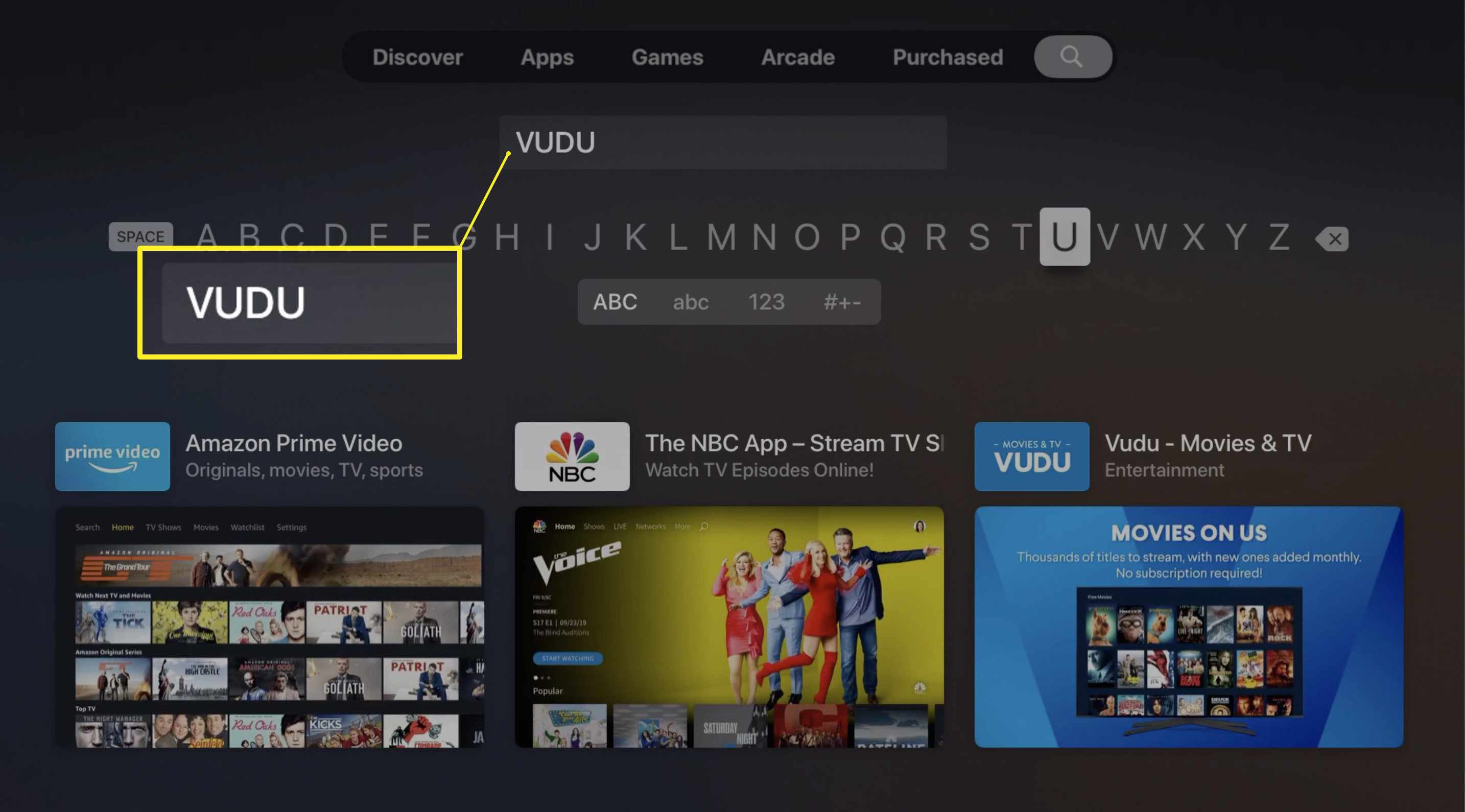 Obrazovka vyhledávání Apple TV App Store