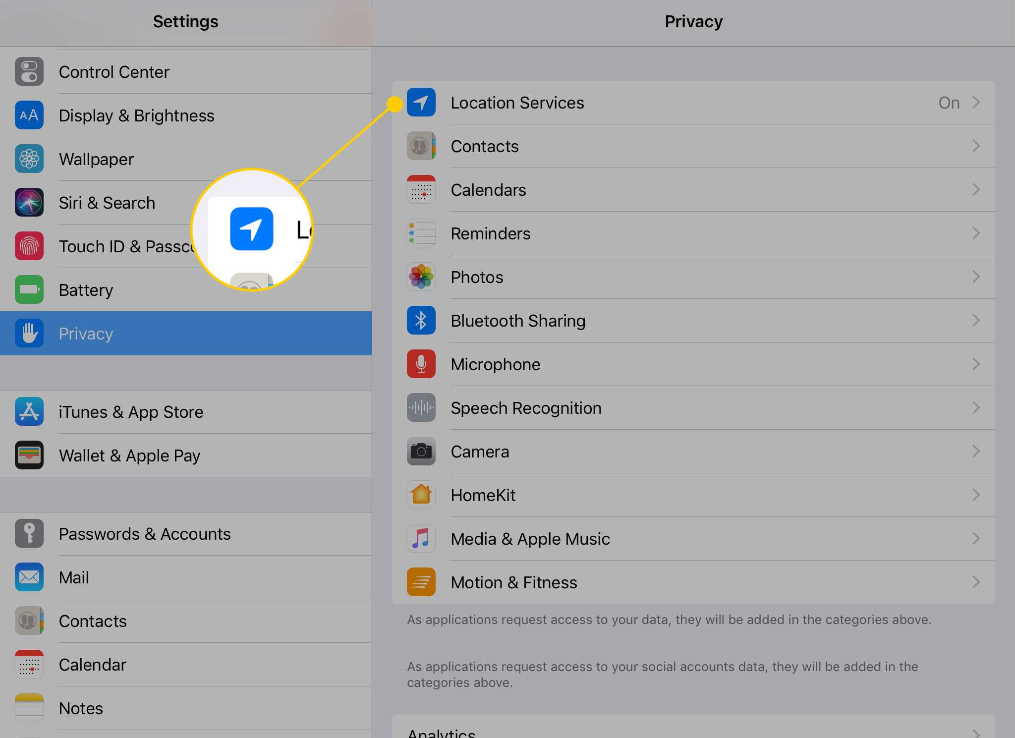 Nastavení soukromí na iPadu se zvýrazněnou ikonou Služby určování polohy
