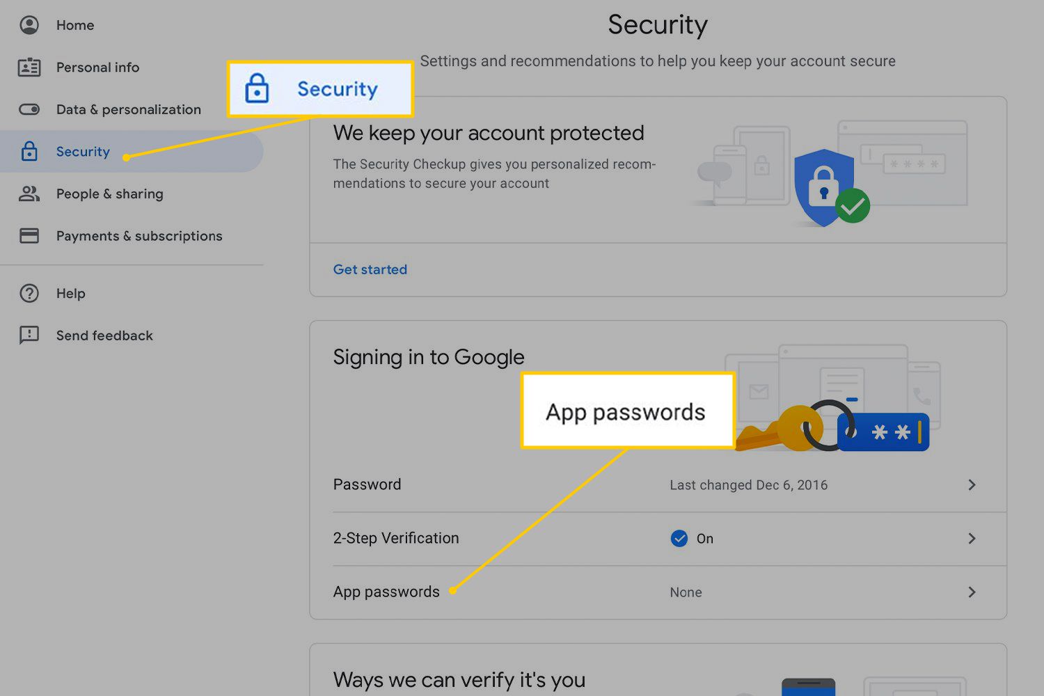 Karta Zabezpečení a odkaz Hesla aplikací na stránce Zabezpečení účtu Google