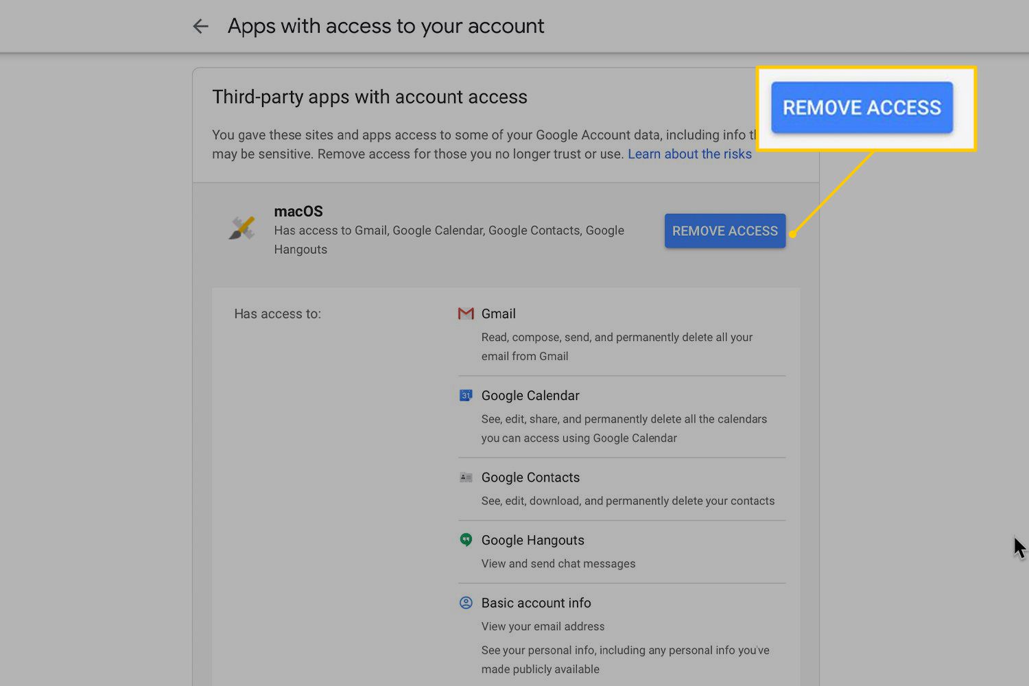 Tlačítko Odstranit přístup v Gmailu