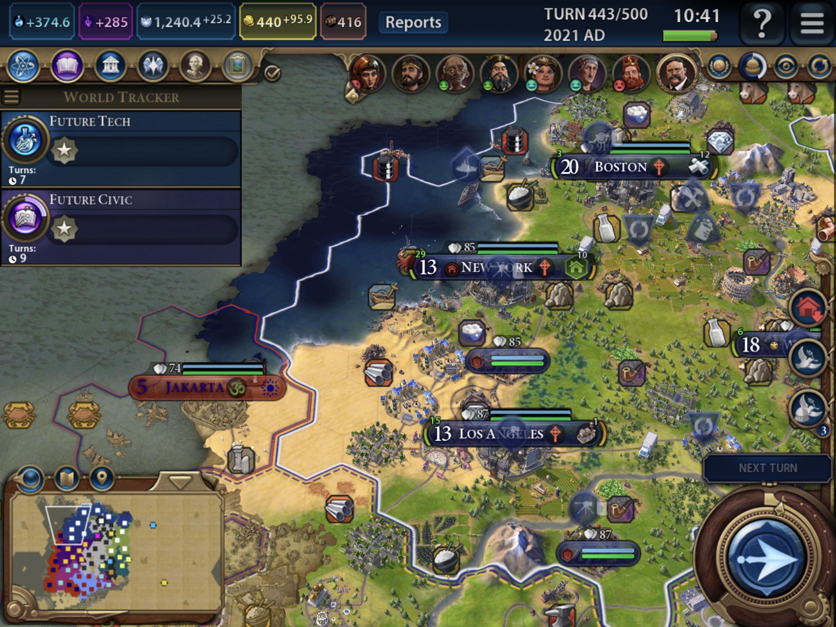 Hra Civilization VI (turn 443), která ukazuje čtyři města.