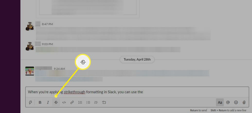 Tlačítko Přeškrtnutí v pruhu formátování textu Slack