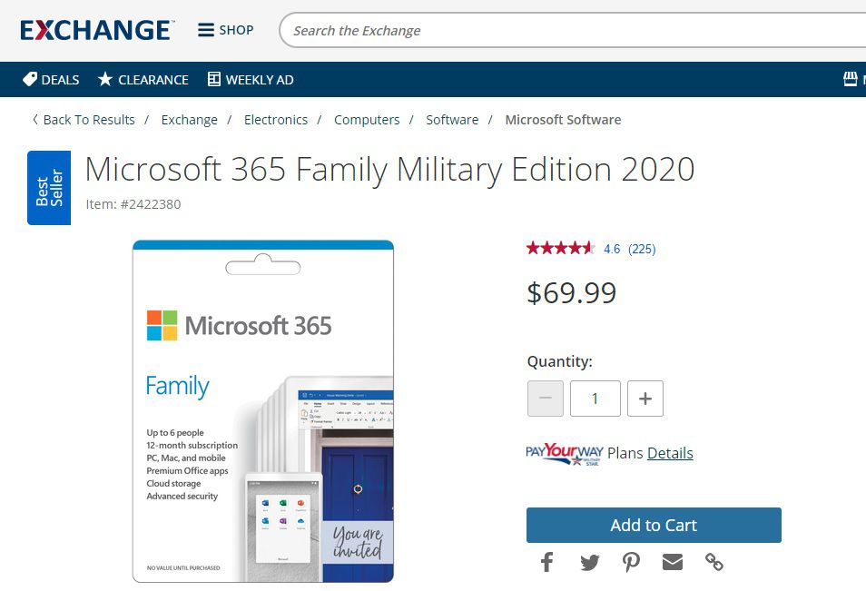 Zlevněná edice Microsoft 365 Family Military Edition, jak je uvedeno na webu Exchange.