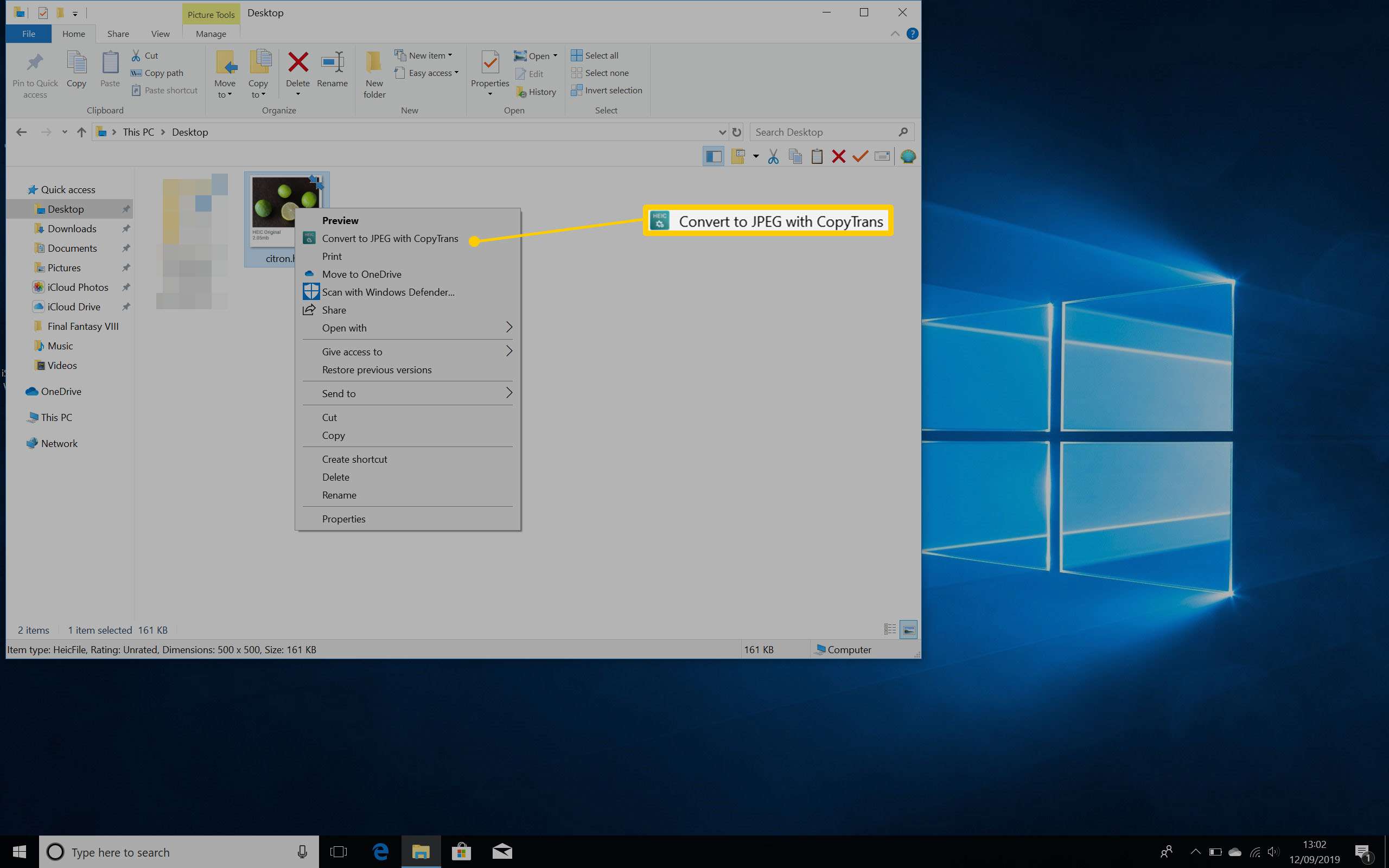 Plocha Windows 10 se zvýrazněnou nabídkou s pravým kliknutím zobrazující Převést na JPEG pomocí CopyTrans