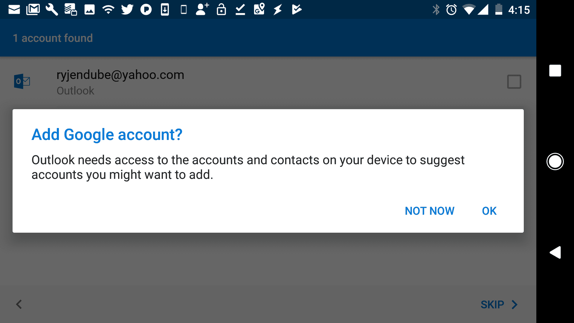 Screenshot z aplikace Outlook žádající o přístup k účtu Google