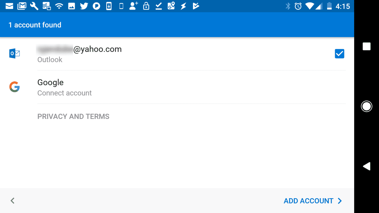 Screenshot spuštění aplikace Outlook v systému Android