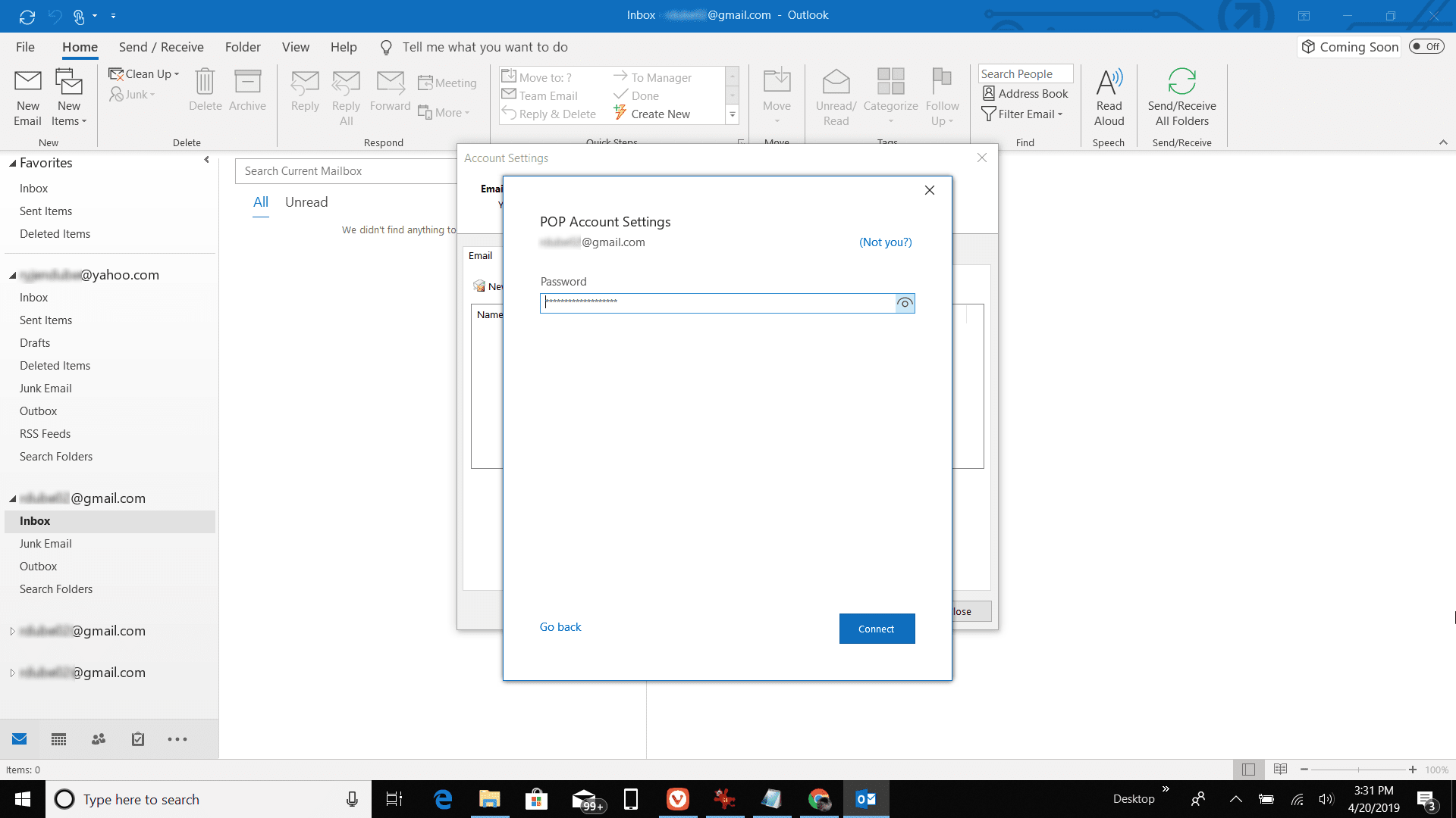 Screenshot zadání hesla účtu POP v Outlooku
