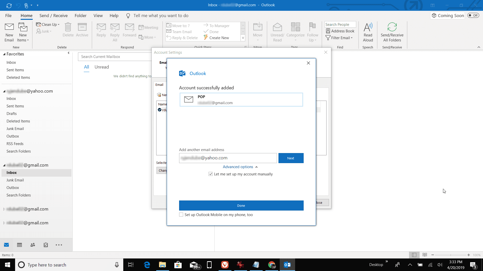 Screenshot úspěšně připojeného účtu POP v aplikaci Outlook