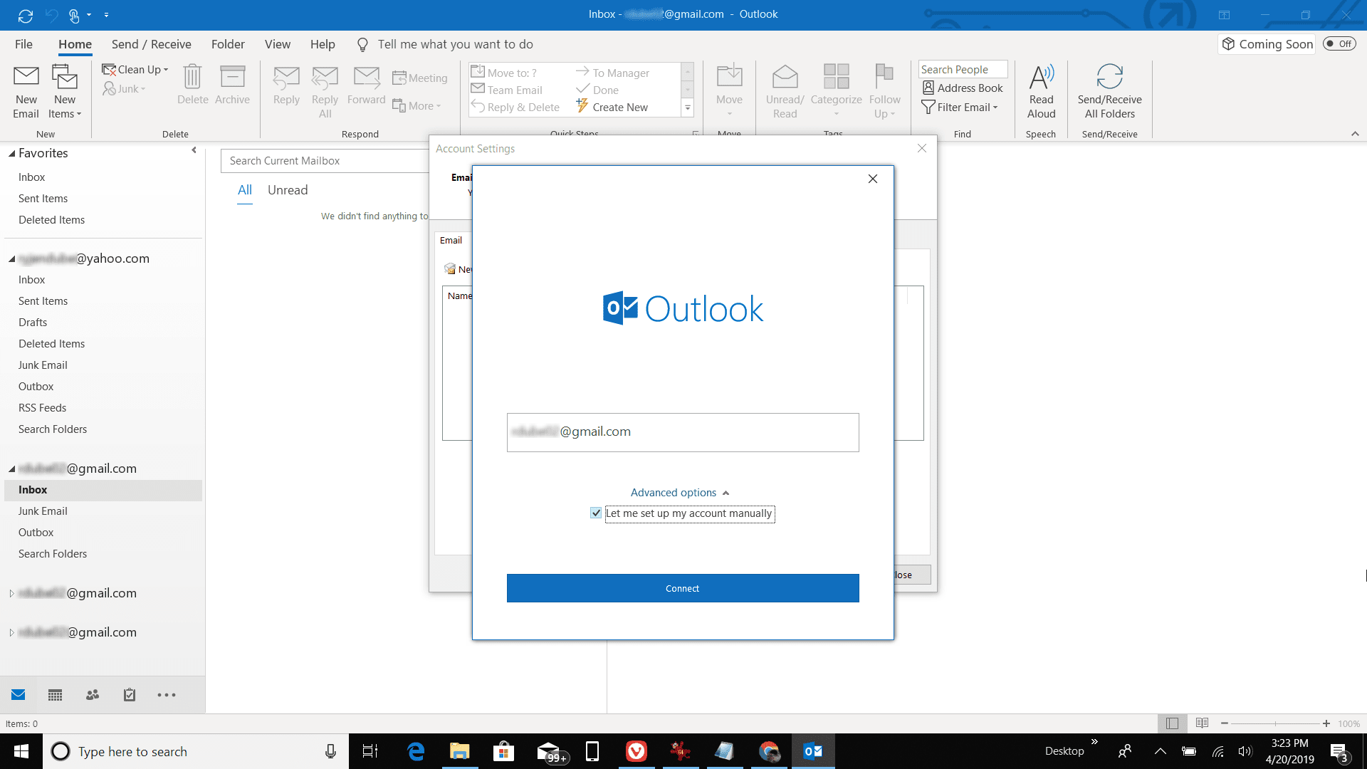 Screenshot přidání nového účtu POP v Gmailu v aplikaci Outlook