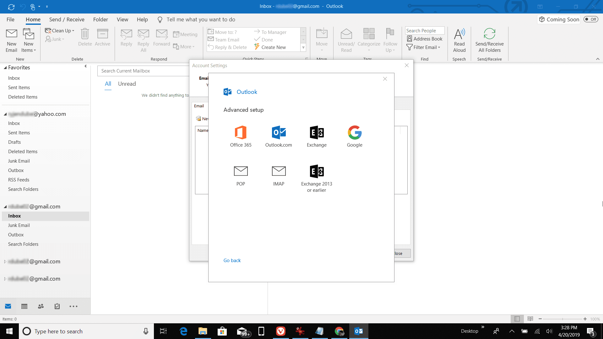 Screenshot výběru POP z možností e-mailu v aplikaci Outlook