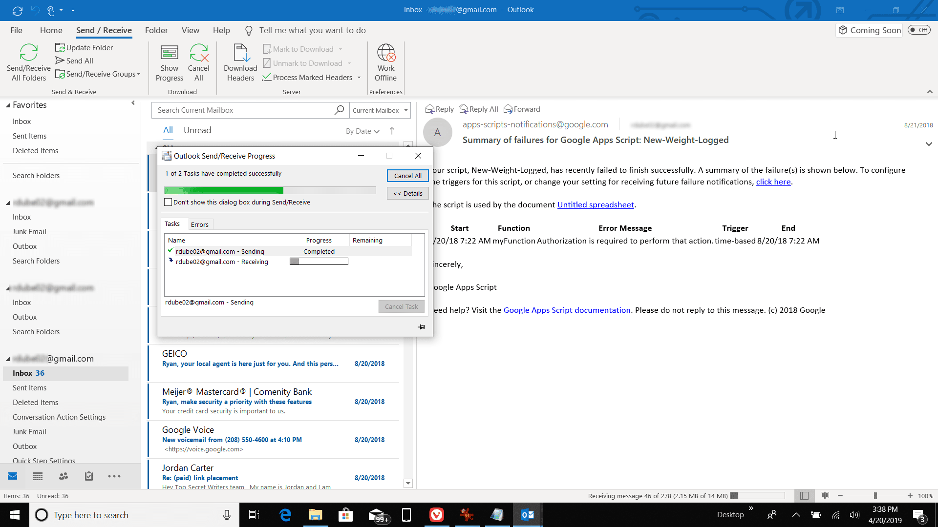 Screenshot postupu odesílání a přijímání účtu aplikace Outlook