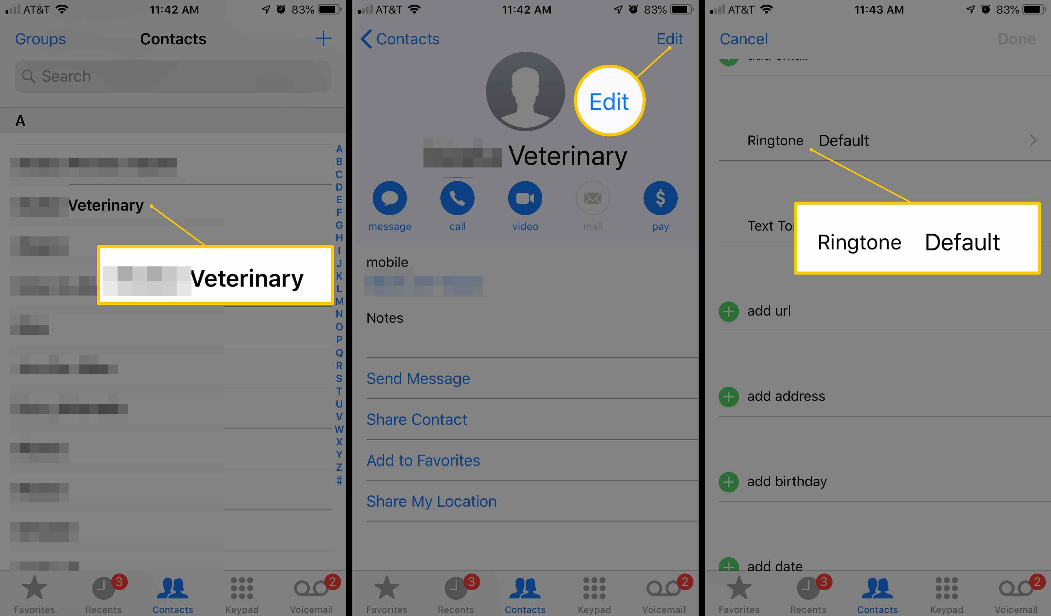 Tři obrazovky iOS zobrazující kontakty, tlačítko Upravit a oblast vyzvánění v aplikaci Nastavení telefonu