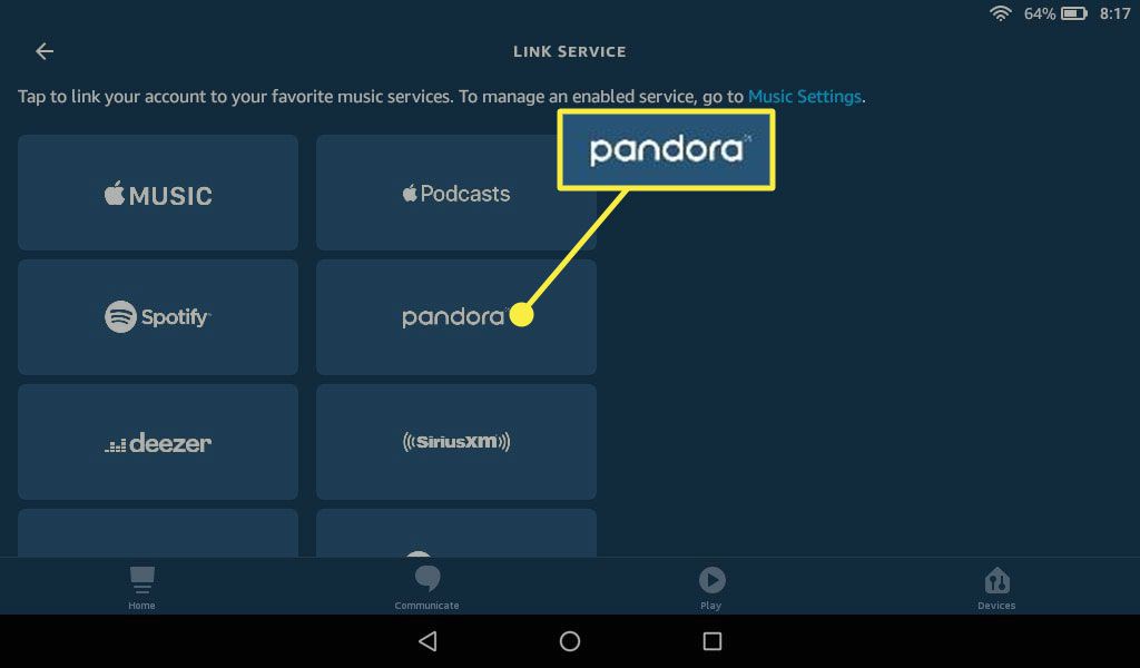 Pandora u Alexy "Odkazová služba" obrazovka