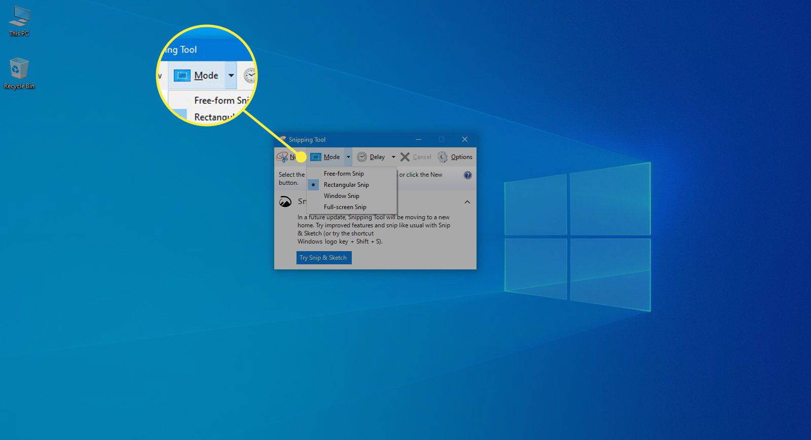 Nabídka Režim v nástroji Snipping Tool systému Windows 10