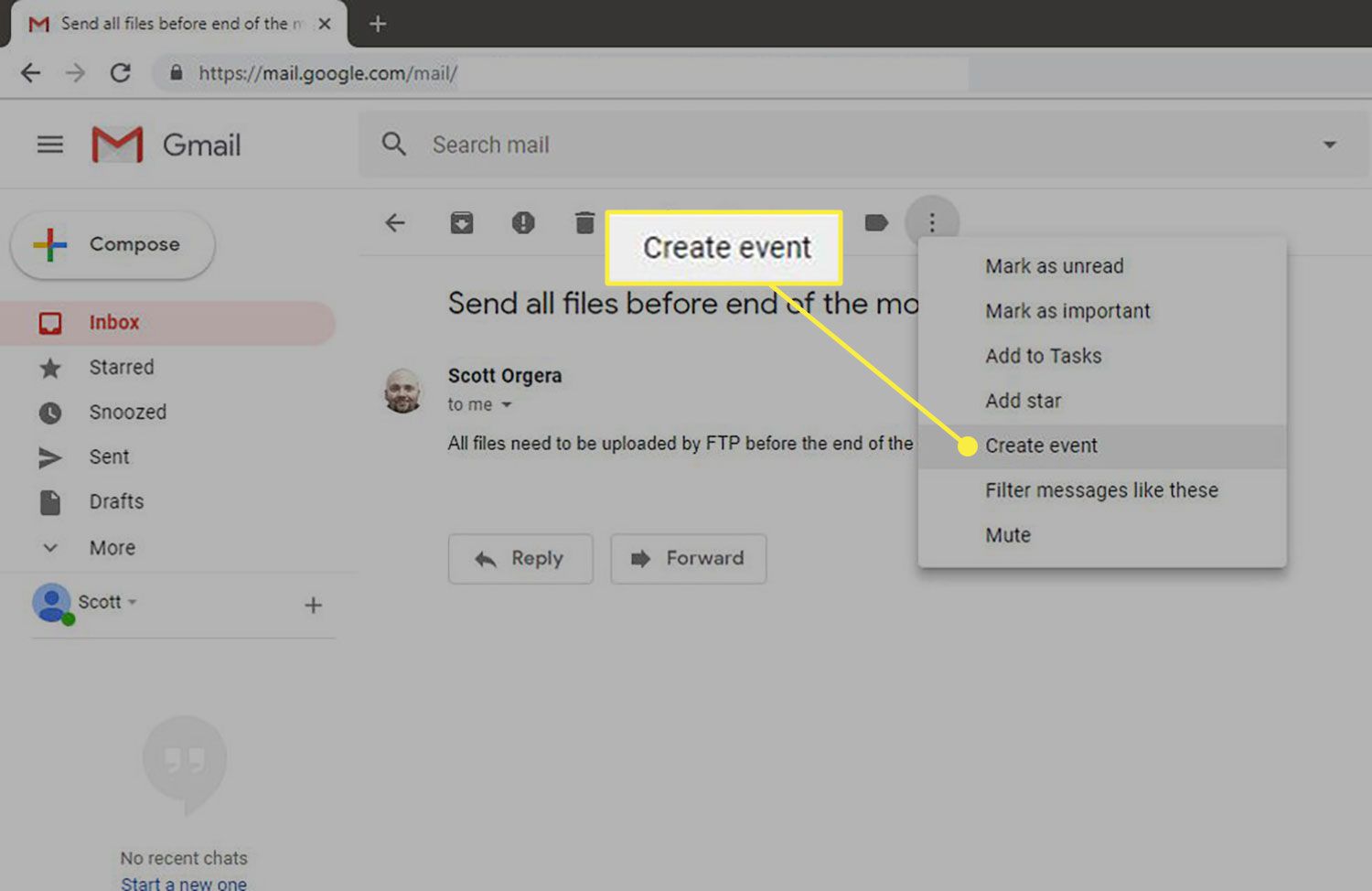 Příkaz Vytvořit událost v Gmailu