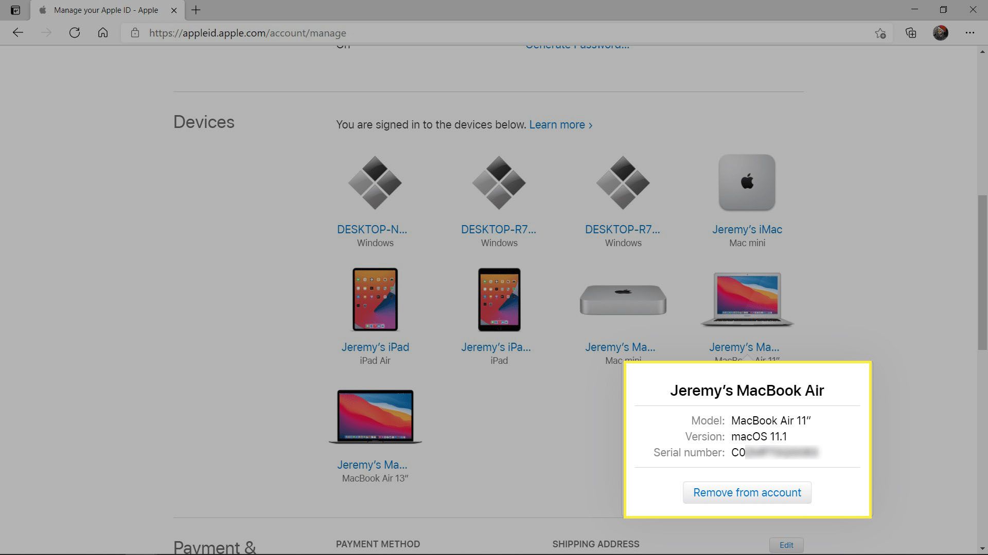 Sériové číslo MacBooku Air zobrazené na webu Apple ID.