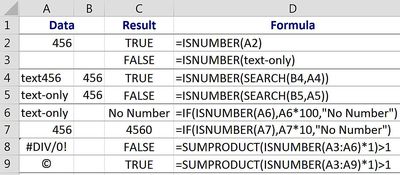 Najděte buňky obsahující čísla pomocí funkce ISNUMBER aplikace Excel