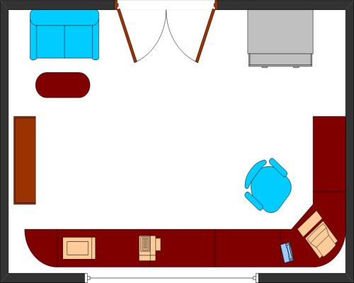 Ukázka designu domácí kanceláře ve tvaru L.