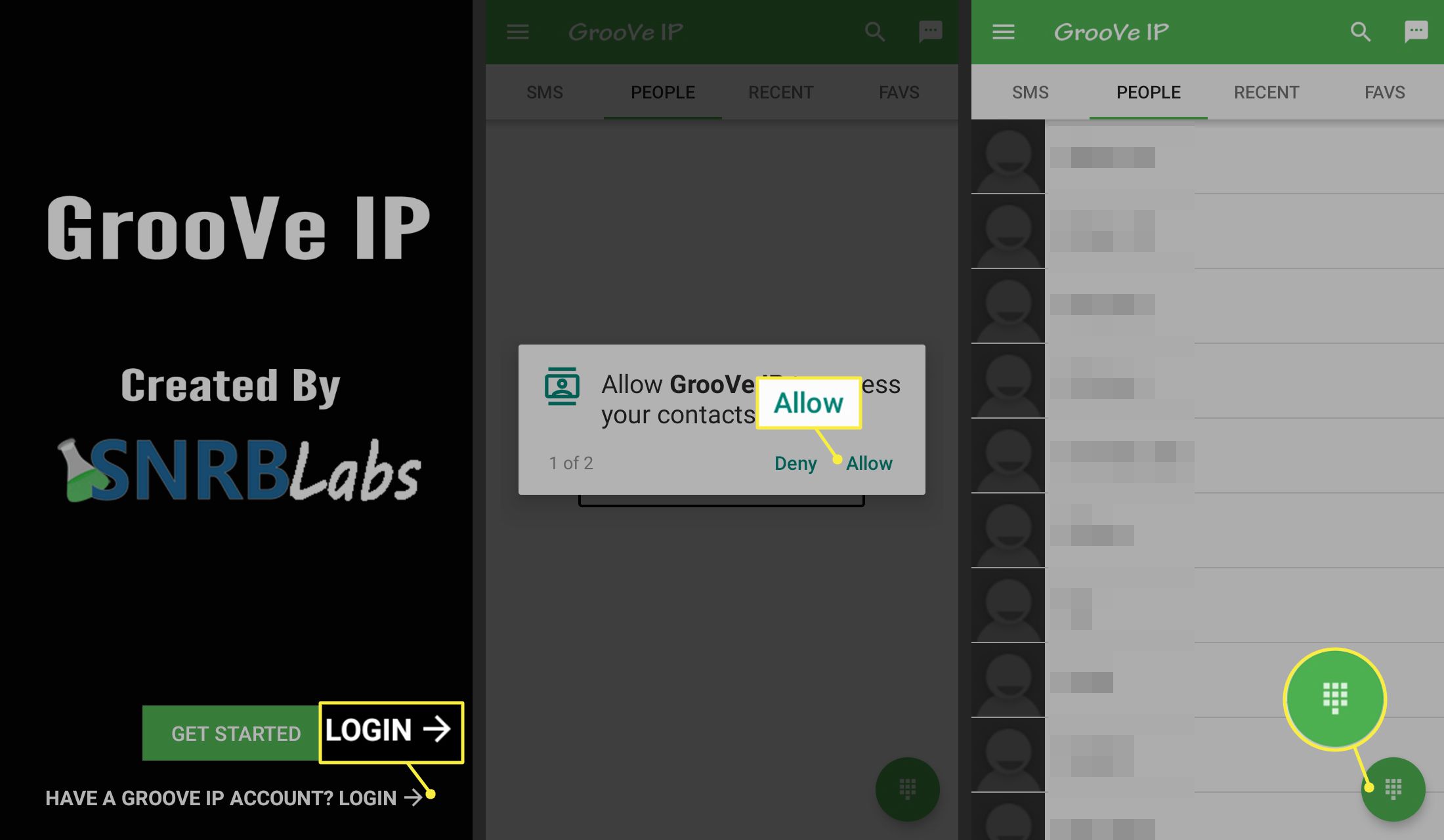 Přihlaste se, povolte a vytočte číselnou klávesnici v aplikaci GrooVe IP