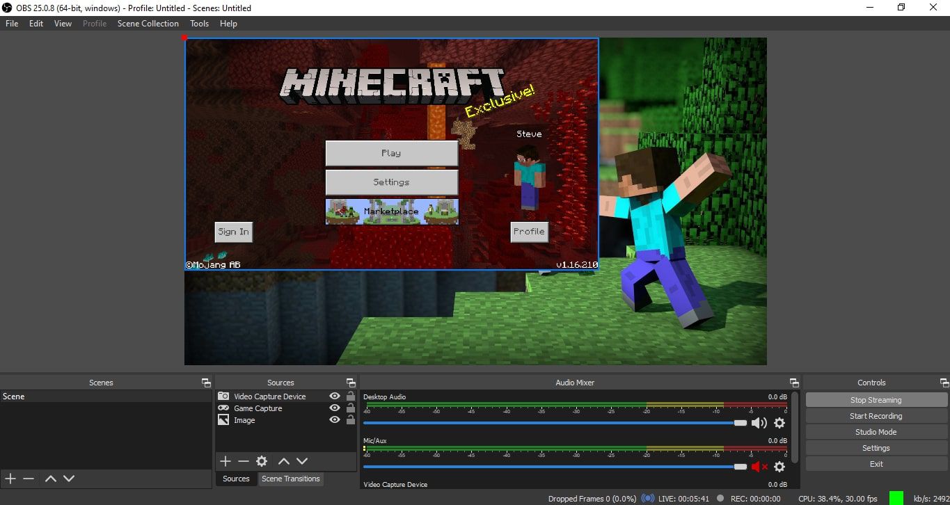 Okno streamování Minecraftu v OBS Studio