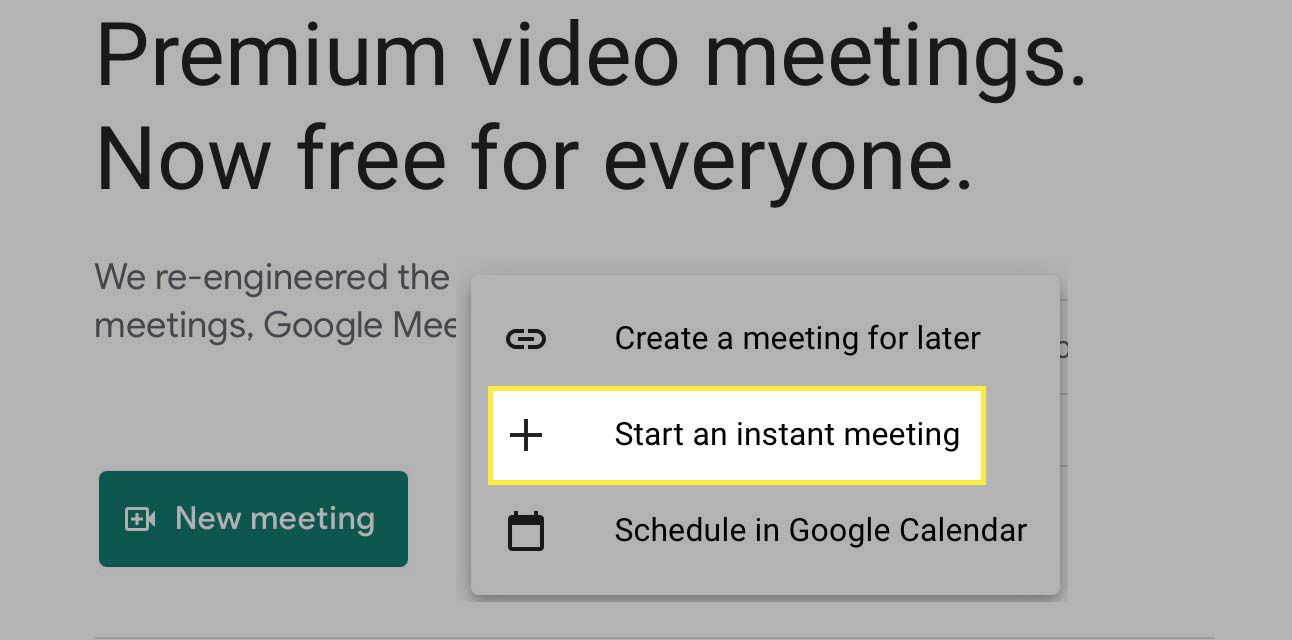  Spusťte tlačítko okamžité schůzky zvýrazněné v Google Meet.